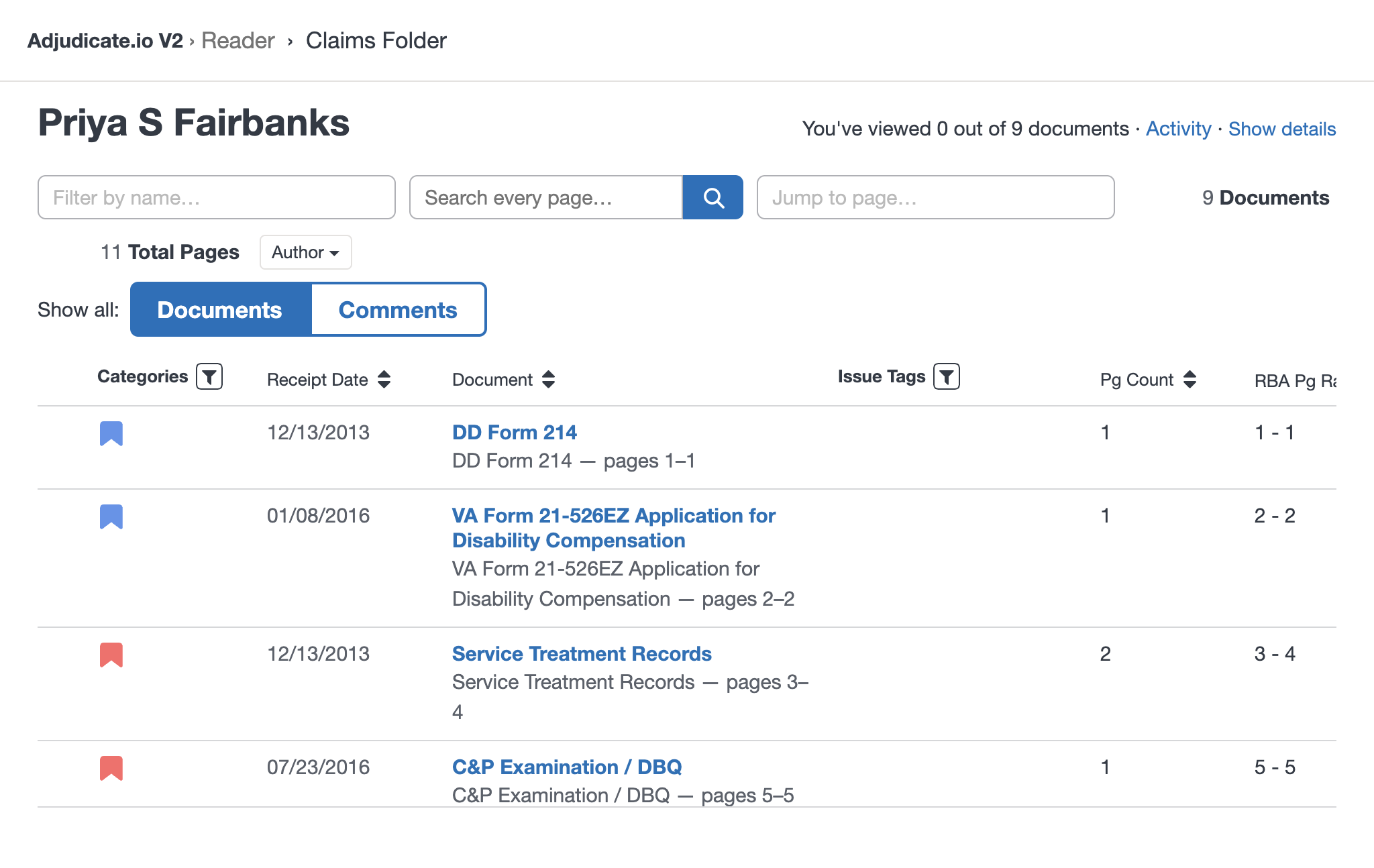 The Adjudicate Reader's claims folder on a fully synthetic appeal — every document listed with its category, receipt date, page range, and issue tags.